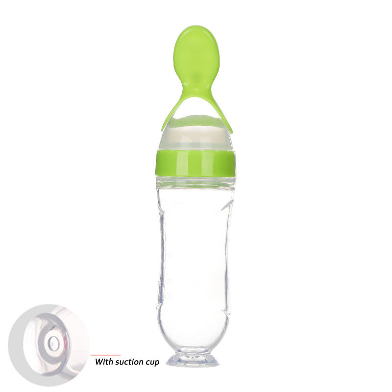 Safe Silicone Squeeze Feeding Bottle with Spoon – Newborn Baby Training Feeder - Teintes Câlines