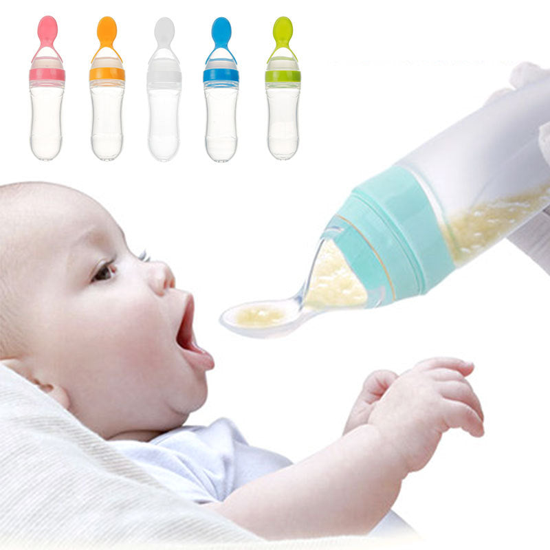 Safe Silicone Squeeze Feeding Bottle with Spoon – Newborn Baby Training Feeder - Teintes Câlines